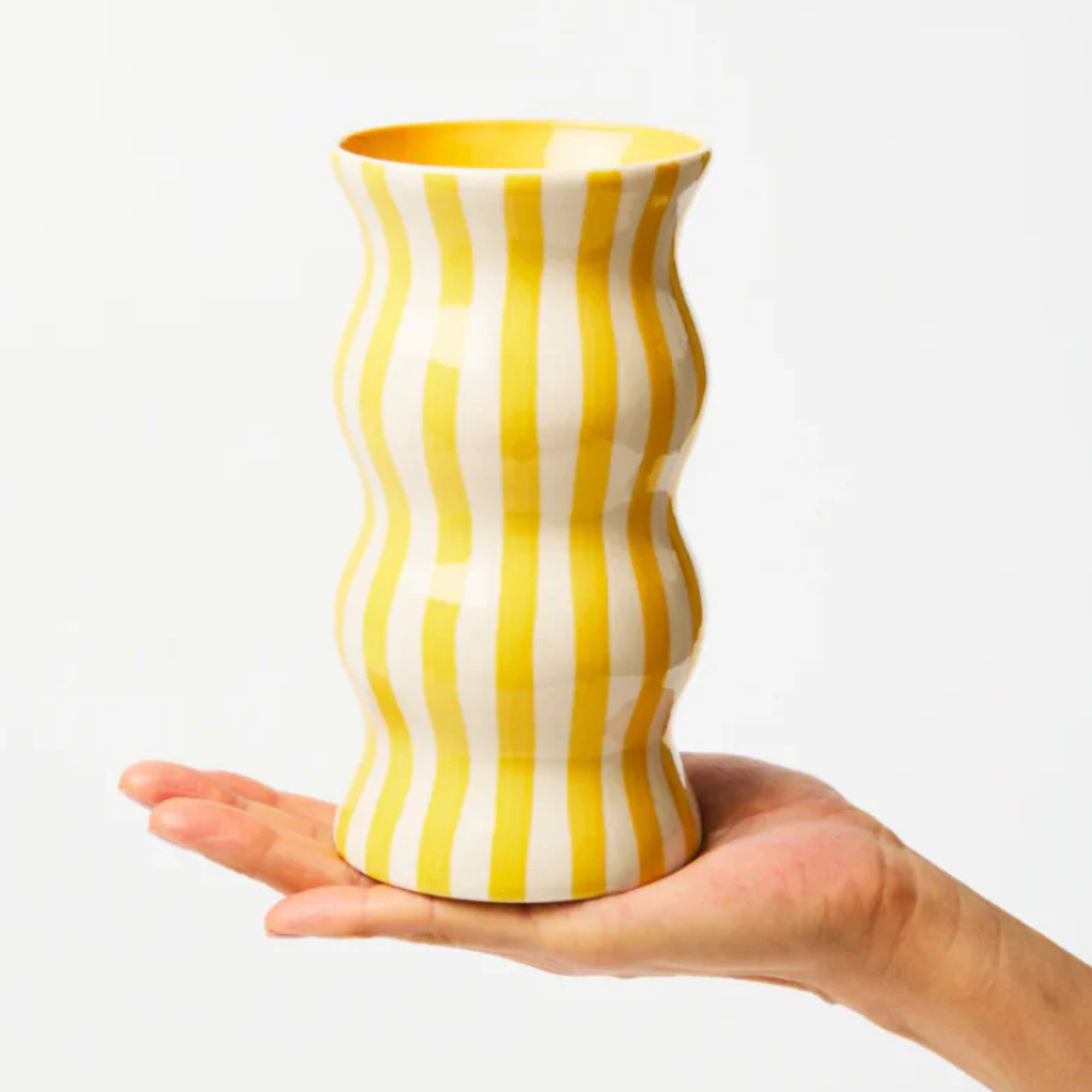 Sarı Bobble Stripe Vazo, el boyaması seramik, 11 cm, Bobble koleksiyonu, Studio Jera.