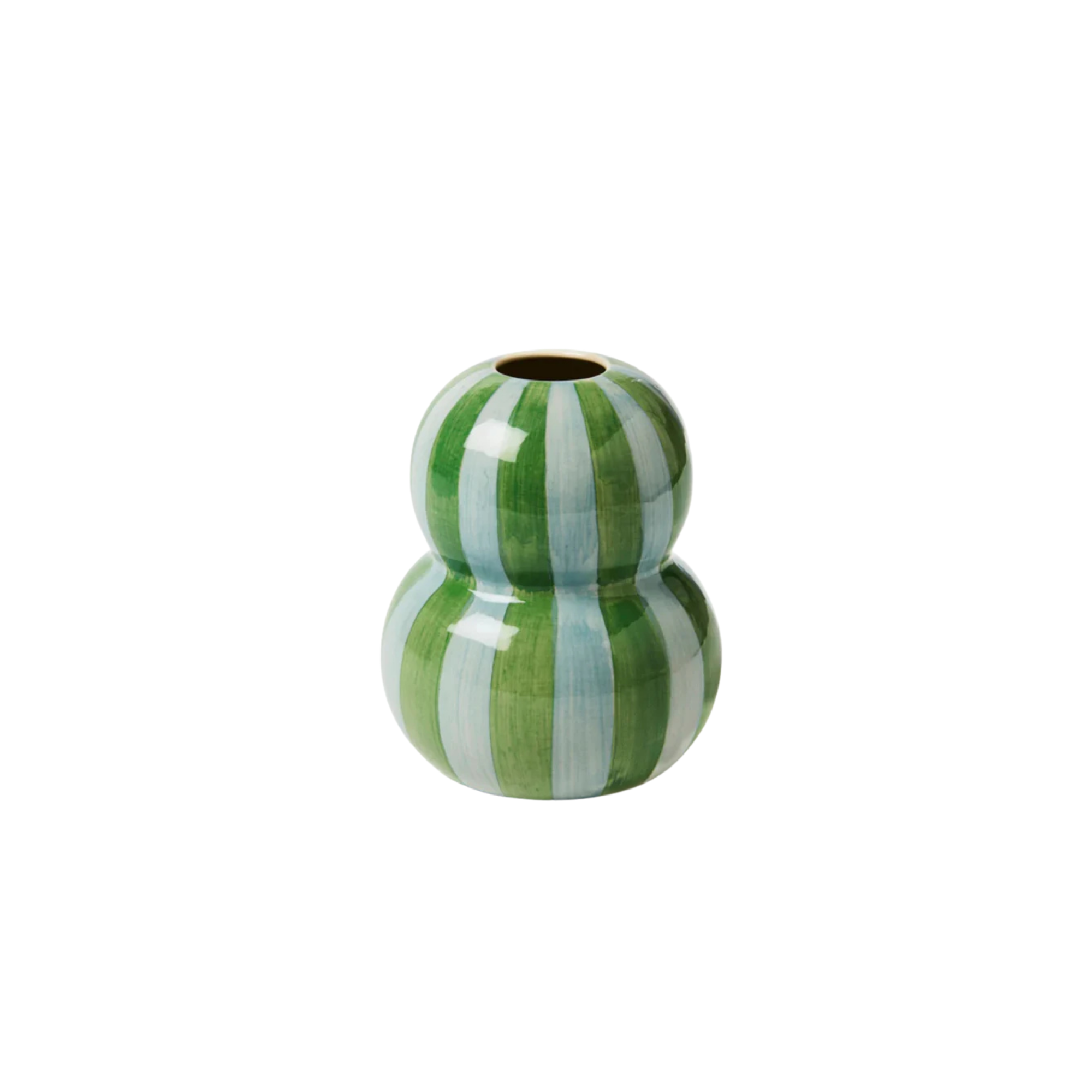Yeşil & Açık Mavi Bobble Striped Vazo, el boyaması seramik, 11 cm, Bobble koleksiyonu, Tyche Co.