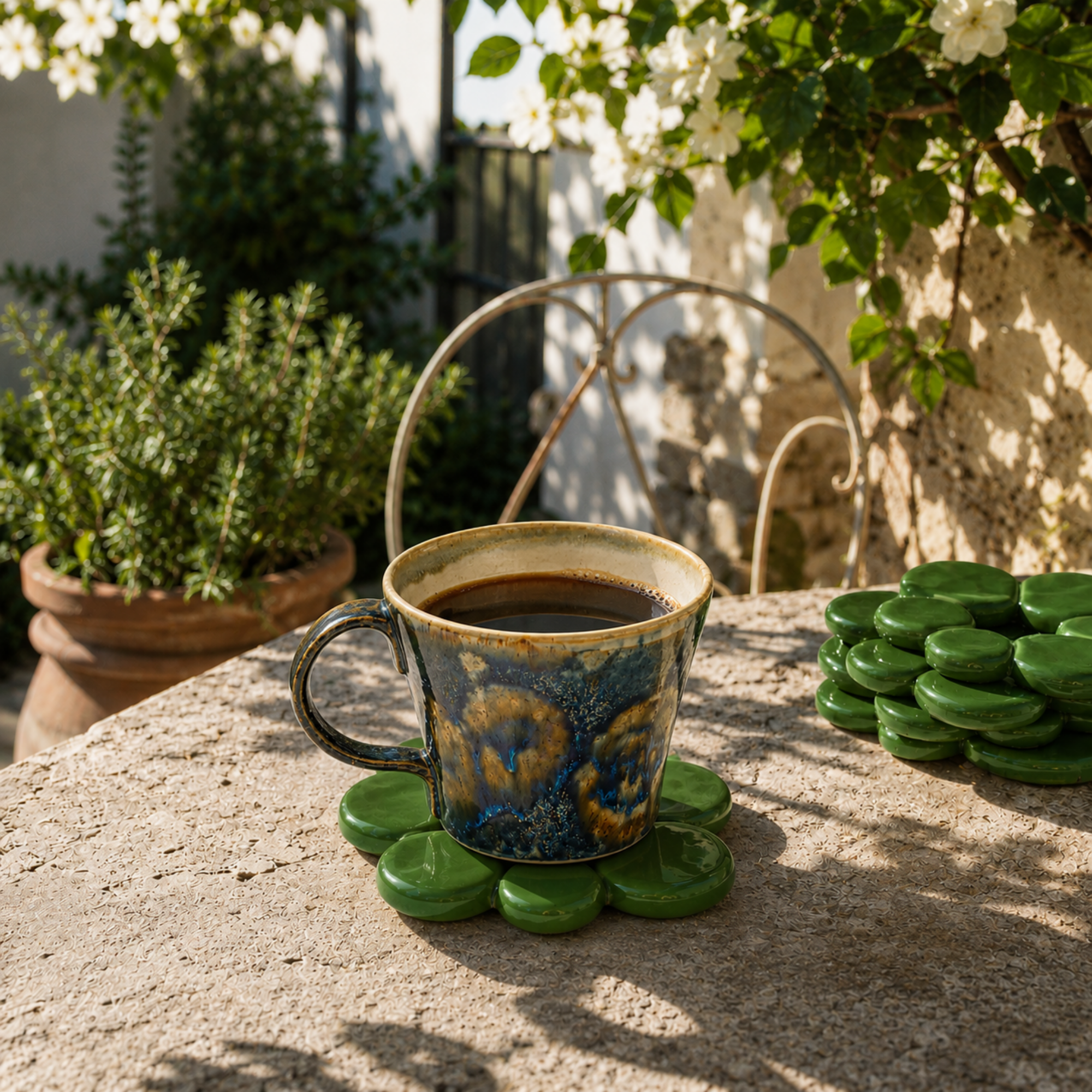 Çimen Yeşili Daisi Seramik Bardak Altlığı, el yapımı stoneware seramik, 10 cm, Daisi koleksiyonu, Tyche Co.