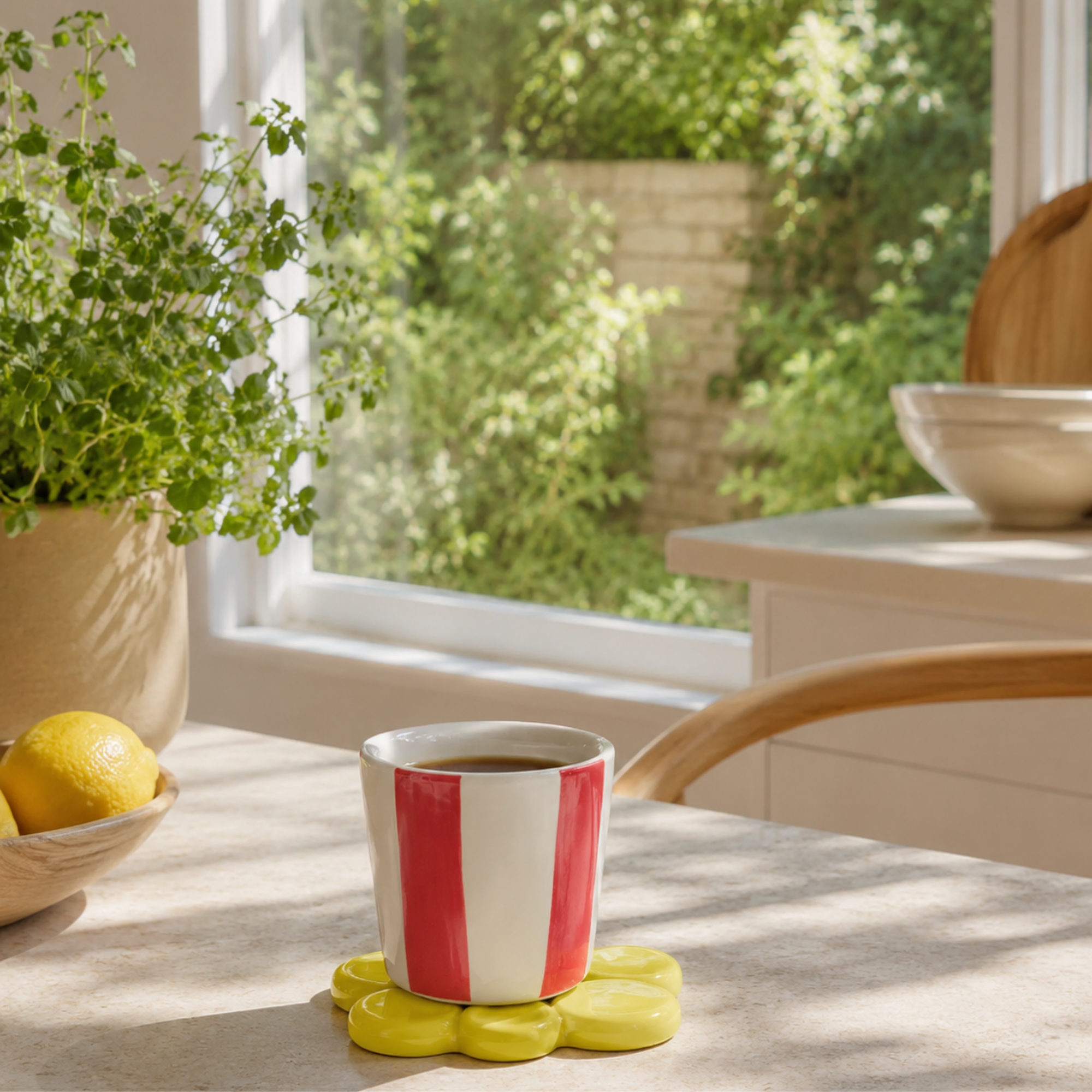 Limon Sarısı Daisi Seramik Bardak Altlığı, el yapımı stoneware seramik, 10 cm, Daisi koleksiyonu, Tyche Co.