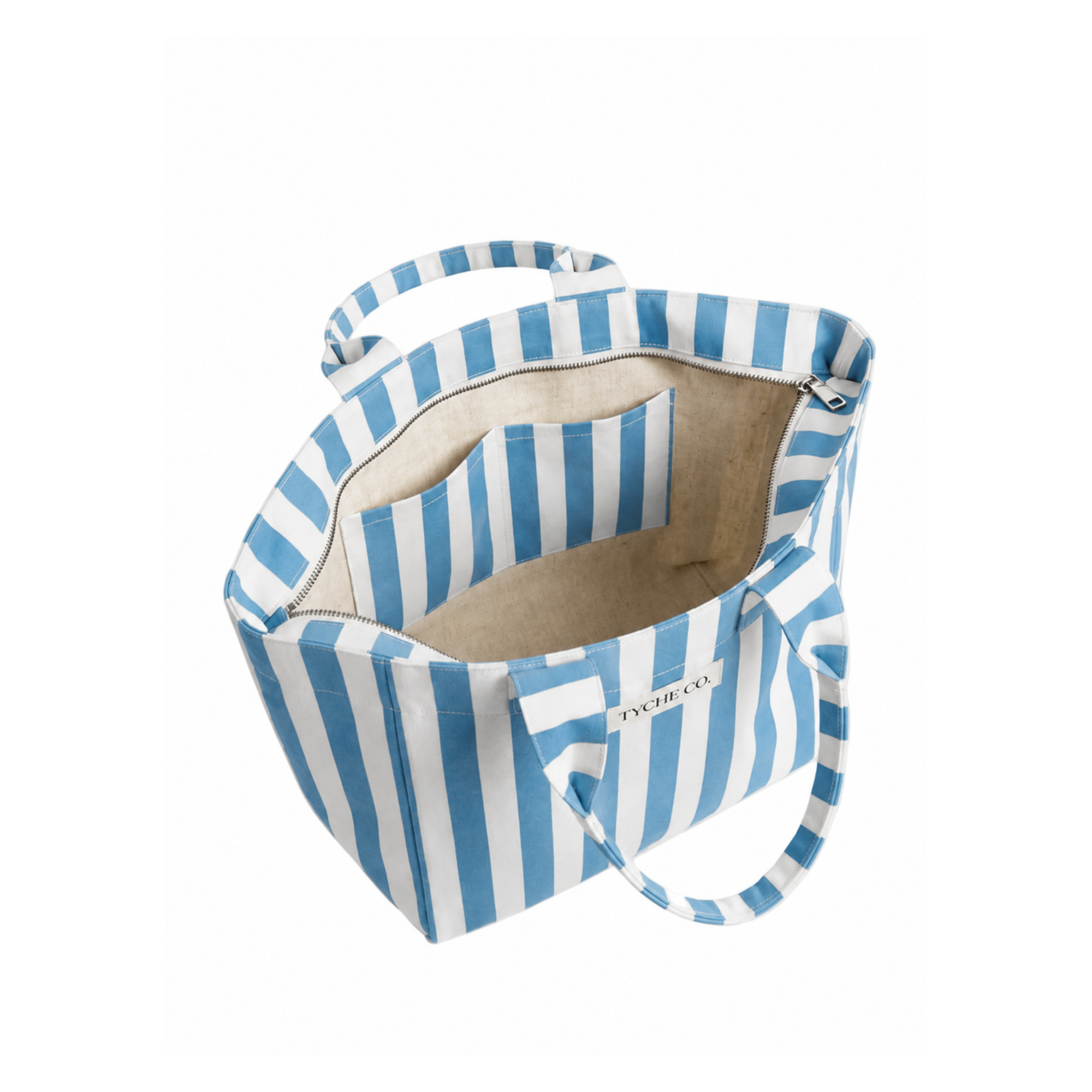 Mavi & Beyaz Efila Tote Çanta, su itici kumaş, %100 keten astar, 40×30×12 cm, Efila koleksiyonu, Tyche Co.