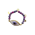 Lila göz motifli el yapımı seramik bileklik, pirinç üzeri altın kaplama detaylı, Evil Eye koleksiyonu, suya dayanıklı.