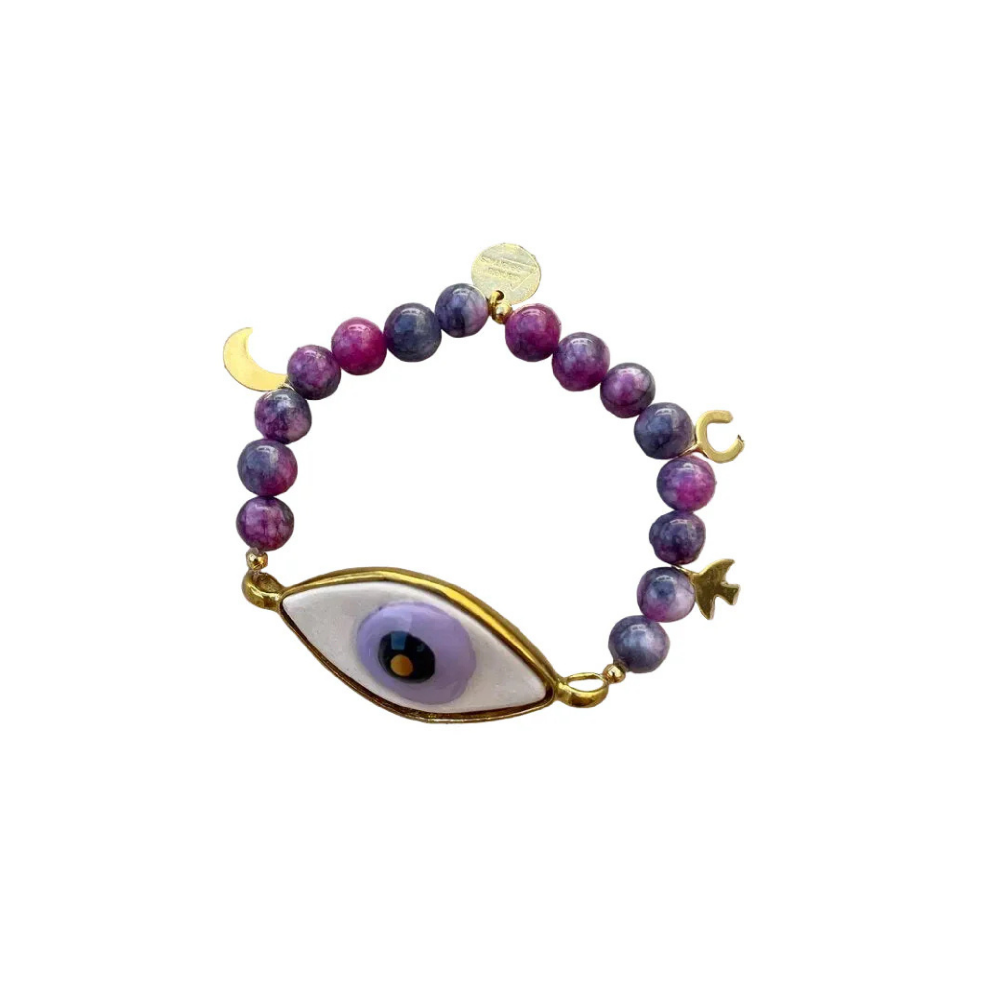 Lila göz motifli el yapımı seramik bileklik, pirinç üzeri altın kaplama detaylı, Evil Eye koleksiyonu, suya dayanıklı.