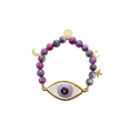 Lila göz motifli el yapımı seramik bileklik, pirinç üzeri altın kaplama detaylı, Evil Eye koleksiyonu, suya dayanıklı.