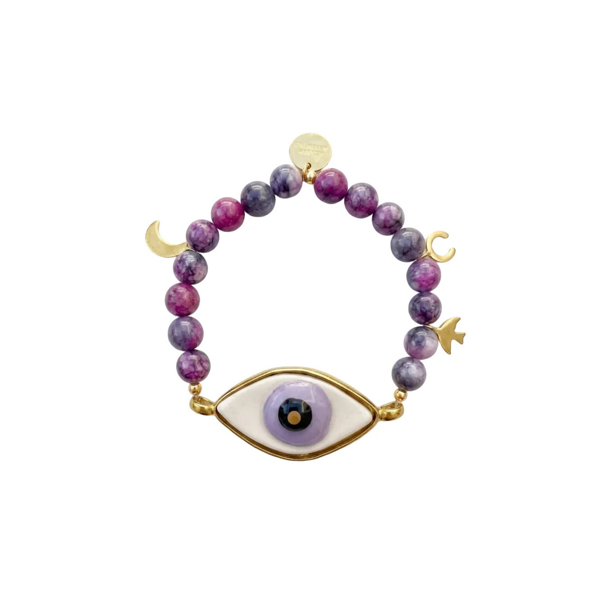 Lila göz motifli el yapımı seramik bileklik, pirinç üzeri altın kaplama detaylı, Evil Eye koleksiyonu, suya dayanıklı.
