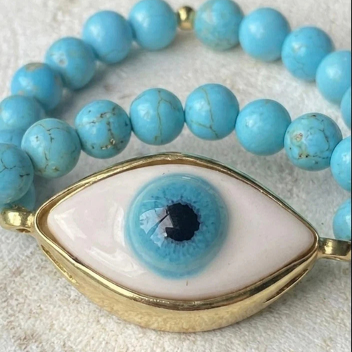 Mavi Evil Eye Doğal Taş Bileklik, el yapımı seramik, Evil Eye Koleksiyonu, Daniela Ceramic.