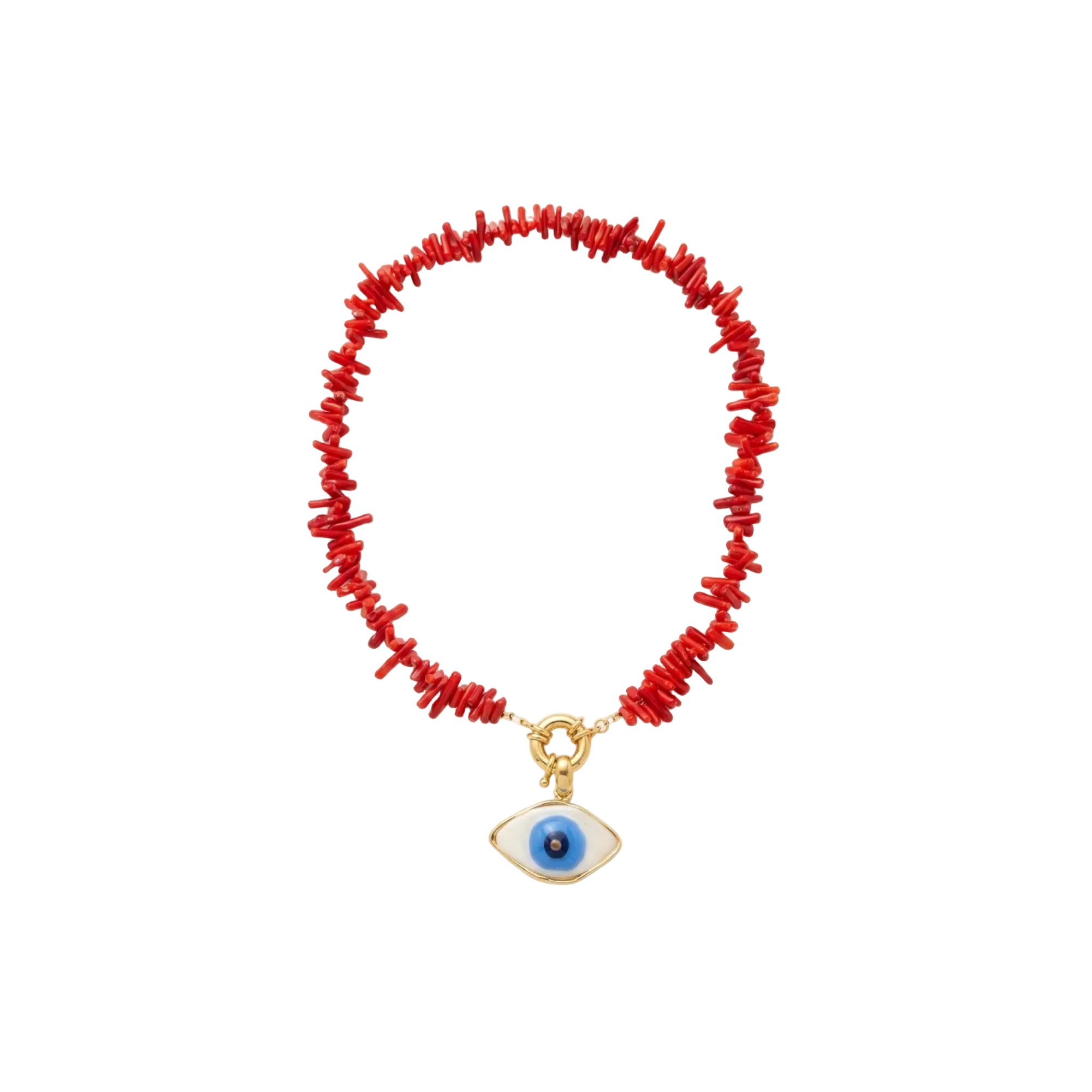 Kırmızı göz motifli el yapımı seramik kolye, pirinç üzeri altın kaplama, Evil Eye koleksiyonu, suya dayanıklı.
