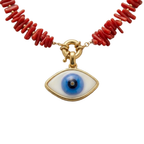 Kırmızı göz motifli el yapımı seramik kolye, pirinç üzeri altın kaplama, Evil Eye koleksiyonu, suya dayanıklı.