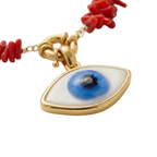 Kırmızı göz motifli el yapımı seramik kolye, pirinç üzeri altın kaplama, Evil Eye koleksiyonu, suya dayanıklı.