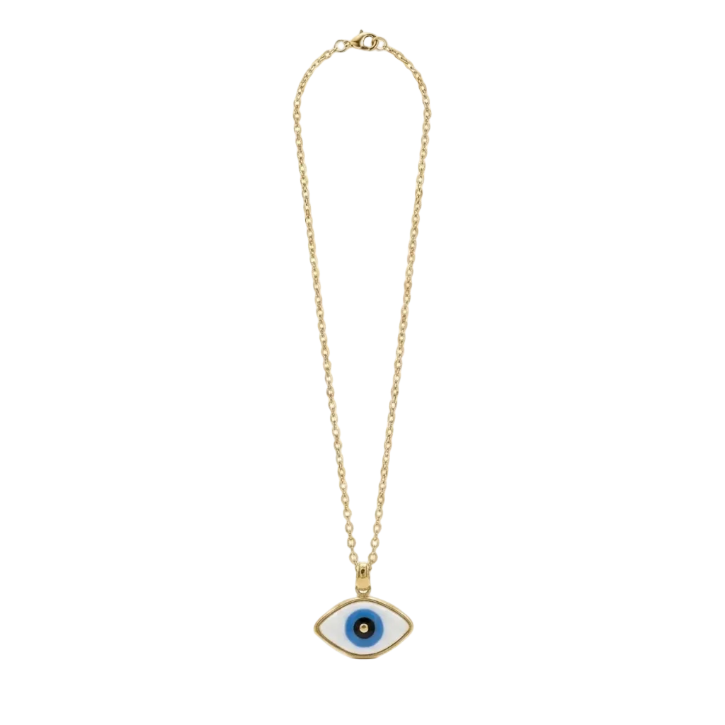 Mavi göz motifli el yapımı seramik madalyon kolye, pirinç üzeri altın kaplama, Evil Eye koleksiyonu, suya dayanıklı.