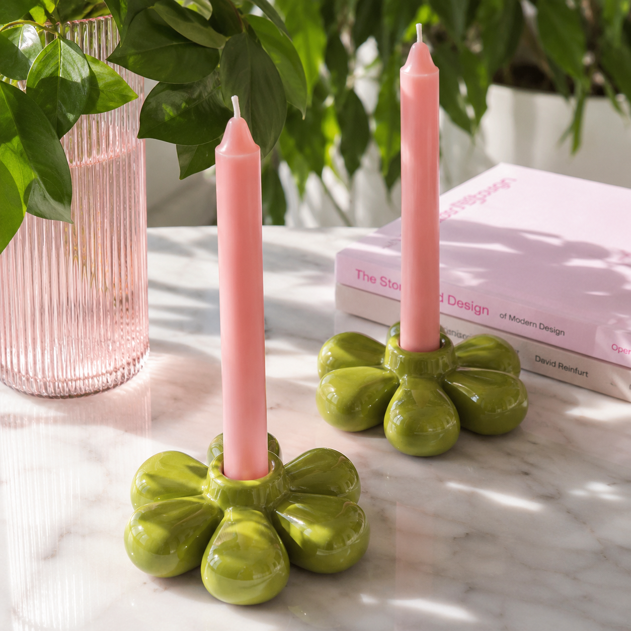 Fıstık Yeşili Flora 2'li Mumluk Set, el yapımı özel beton harcı, 9 cm, Flora koleksiyonu, Studio Jera.