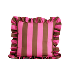 Kahverengi & Pembe Klotho Stripe Fırfırlı Dekoratif Kırlent 50 x 50 cm, çizgili desen, fırfır detay, Klotho koleksiyonu, Tyche Co.