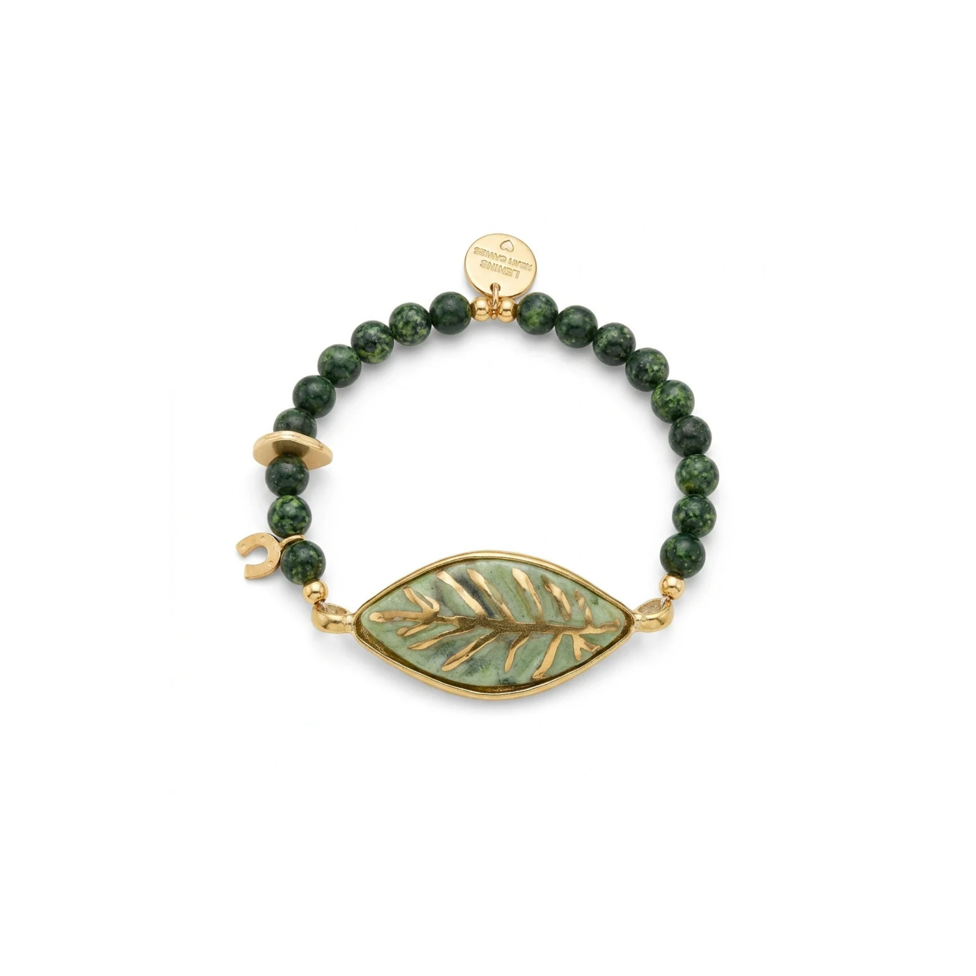 Yeşil yaprak motifli el yapımı seramik bileklik, pirinç üzeri altın kaplama detaylı, Lucky Leaf koleksiyonu, suya dayanıklı.
