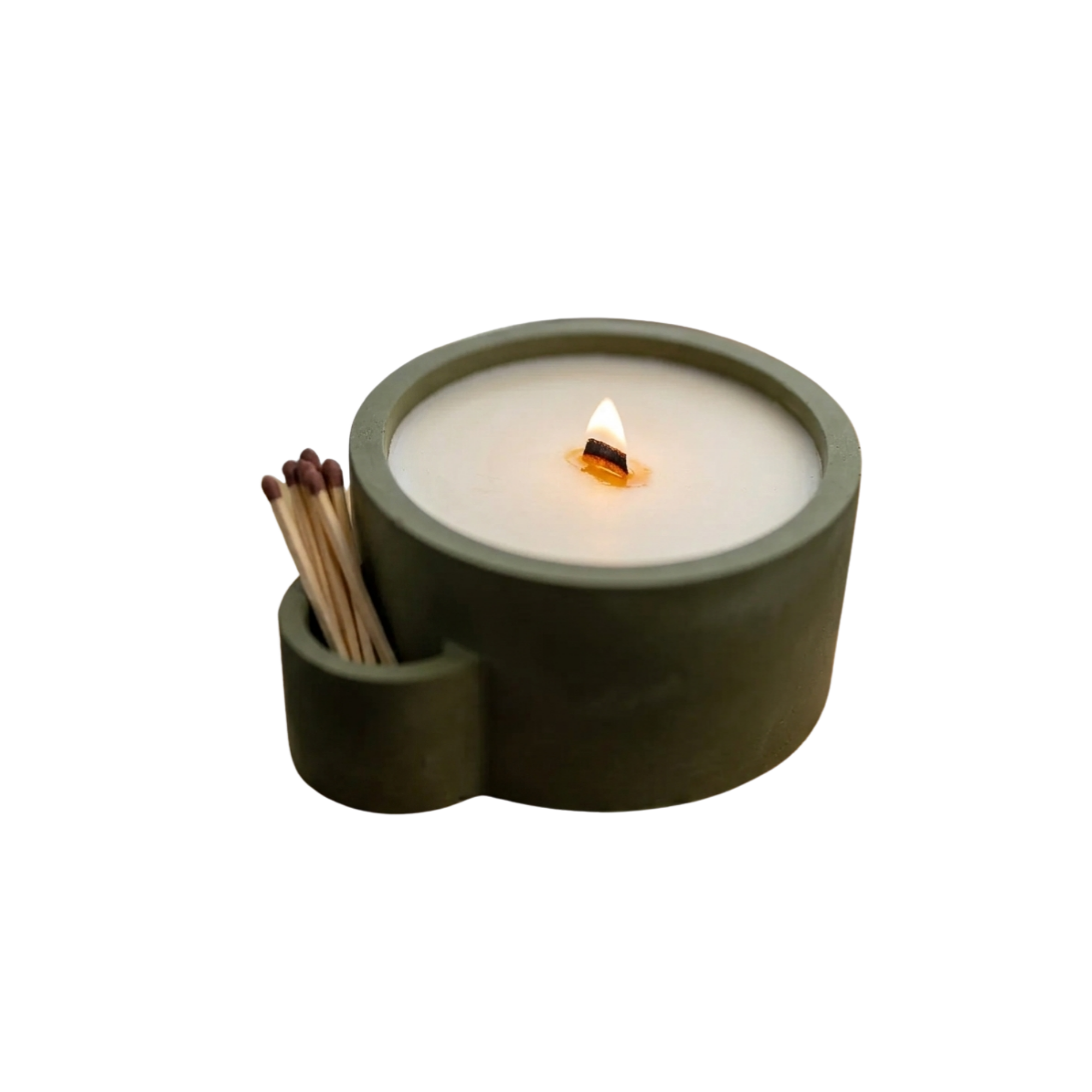 Haki Lumina Beton Mumluk, el yapımı beton gövde, çift ahşap fitil, A kalite parafin, 13 cm çap, Lumina koleksiyonu, Studio Jera.