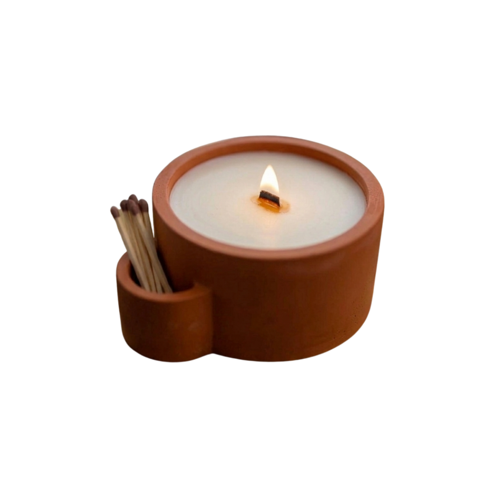 Kiremit Lumina Beton Mumluk, el yapımı beton gövde, çift ahşap fitil, A kalite parafin, 13 cm çap, Lumina koleksiyonu, Studio Jera.
