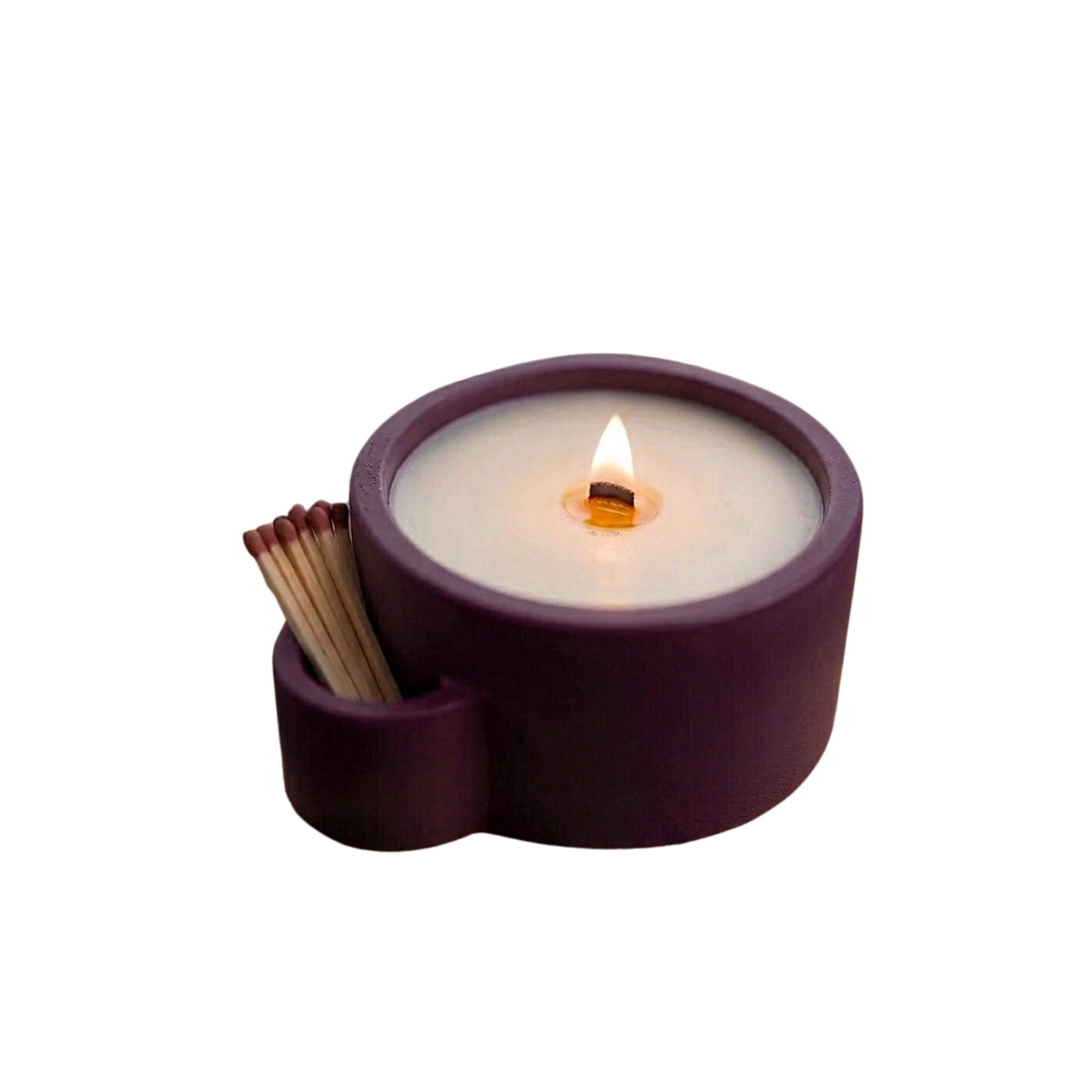 Mürdüm Lumina Beton Mumluk, el yapımı beton gövde, çift ahşap fitil, A kalite parafin, 13 cm çap, Lumina koleksiyonu, Studio Jera.