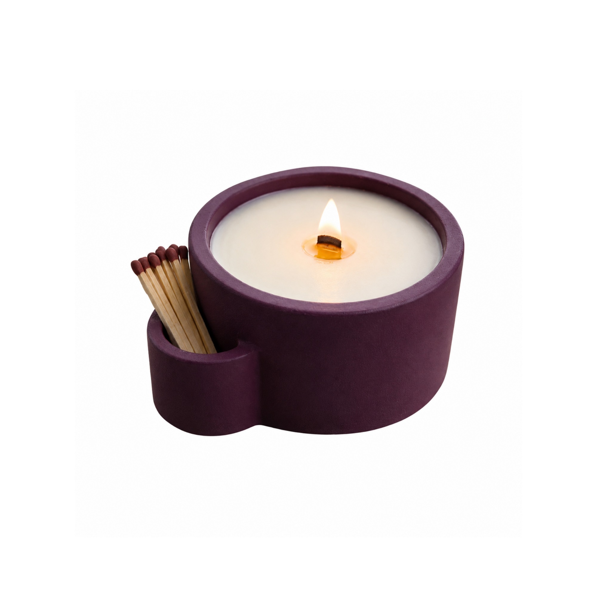 Mürdüm Lumina Beton Mumluk, el yapımı beton gövde, çift ahşap fitil, A kalite parafin, 13 cm çap, Lumina koleksiyonu, Studio Jera.