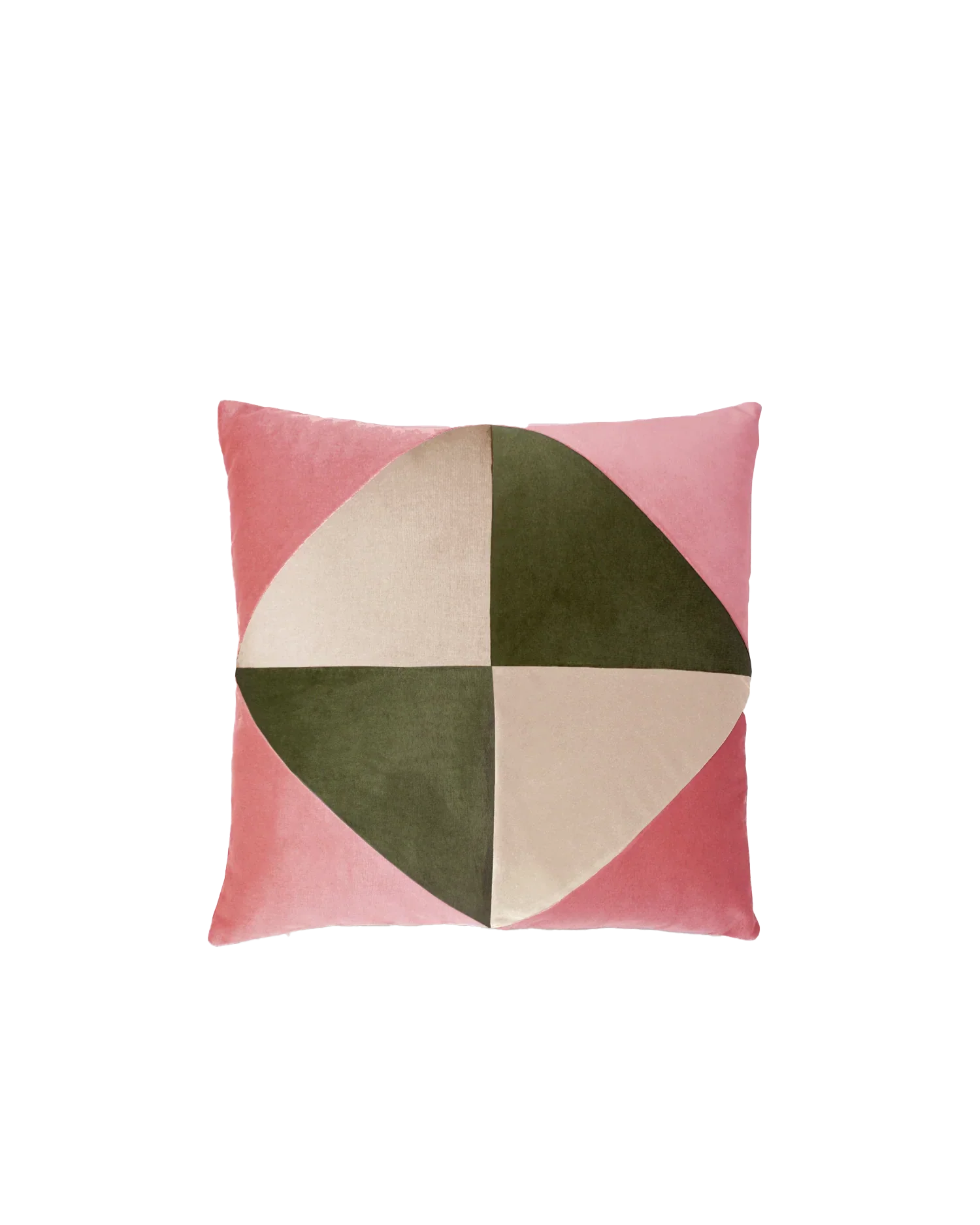 Pembe ve yeşil kadife kırlent, 45x45 cm kare formlu döşemelik yastık. Yıkanabilir kılıf, salon koltuğu için modern dekor.