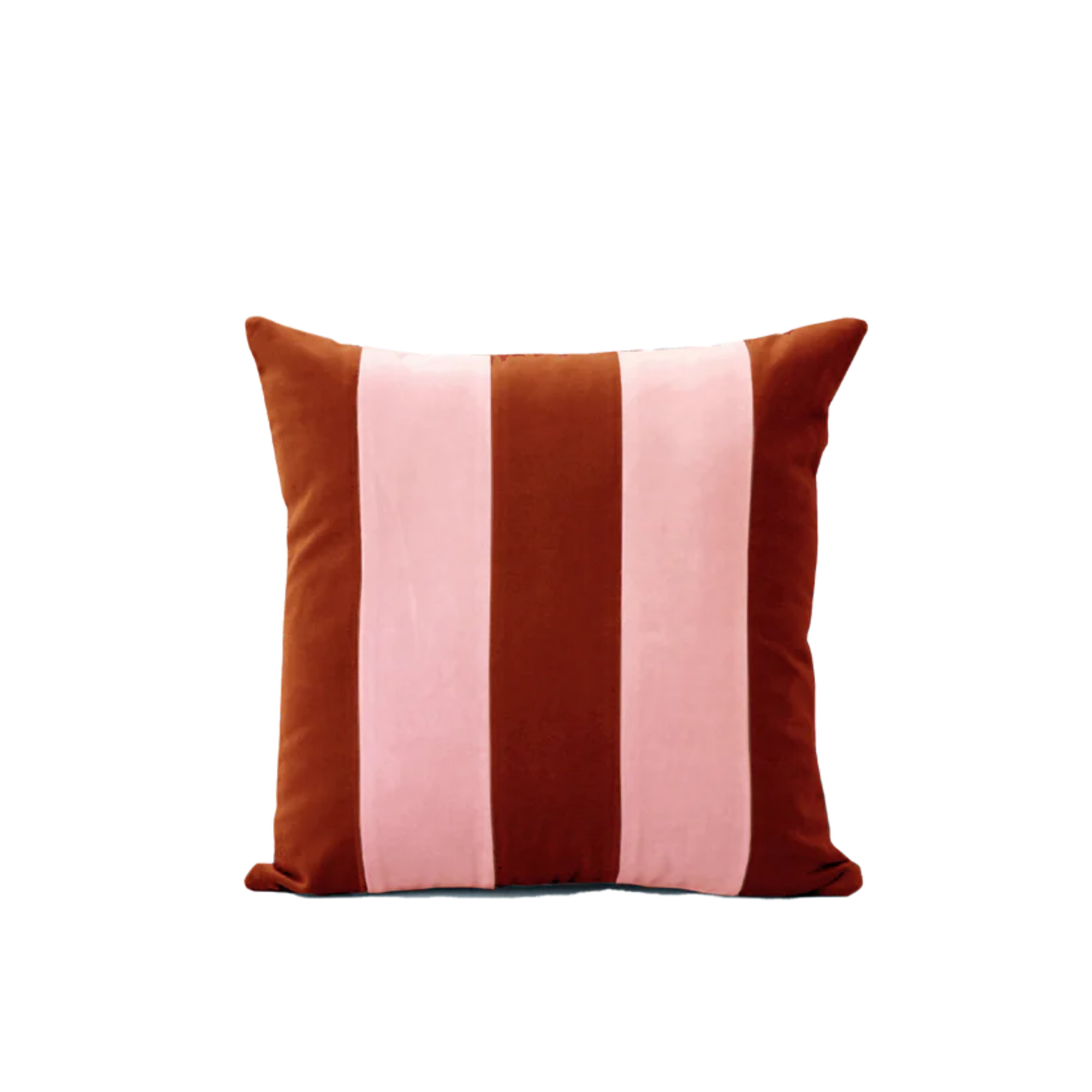 Kiremit ve pembe kadife kırlent, 45x45 cm kare formlu çizgili desen, salon dekor yastığı.