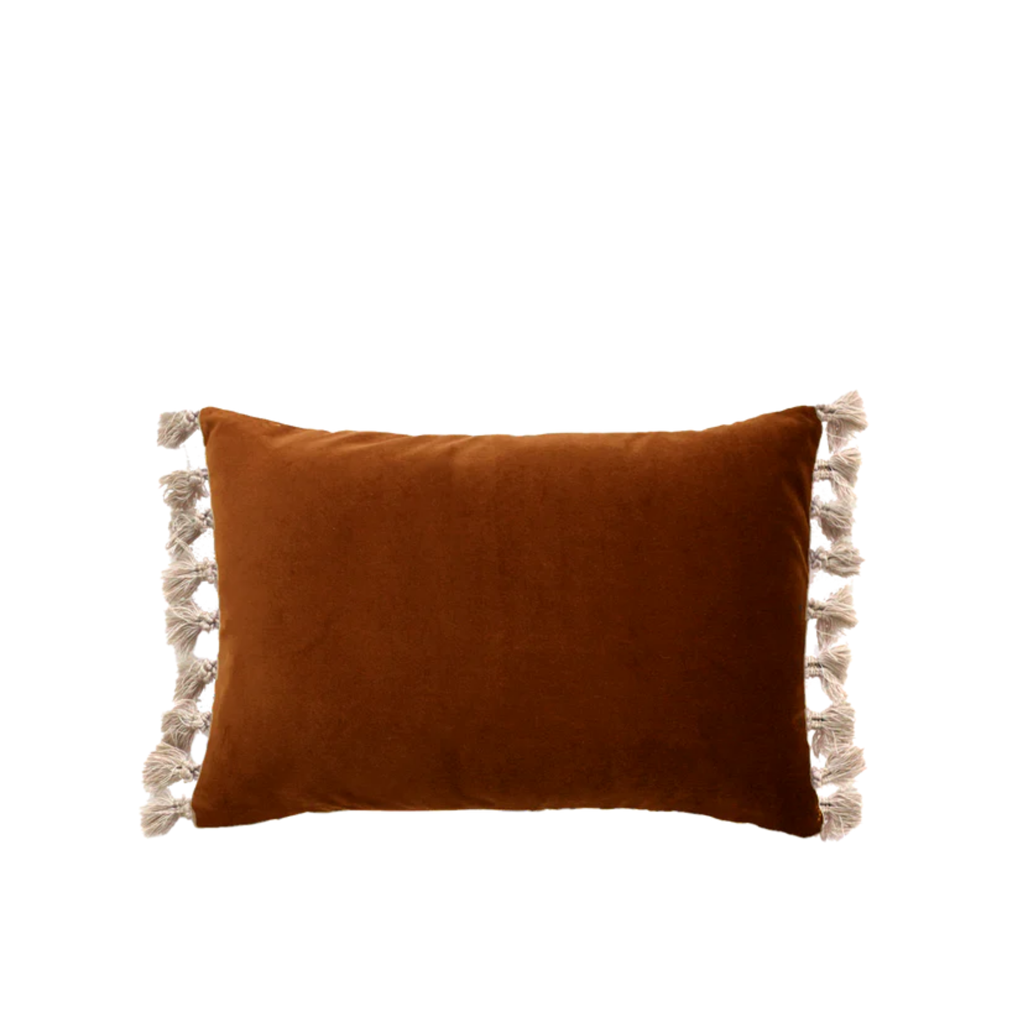 Taba kadife kırlent, 35x55 cm dikdörtgen formlu püsküllü döşemelik yastık. Yıkanabilir kılıf, salon koltuğu için modern dekor.