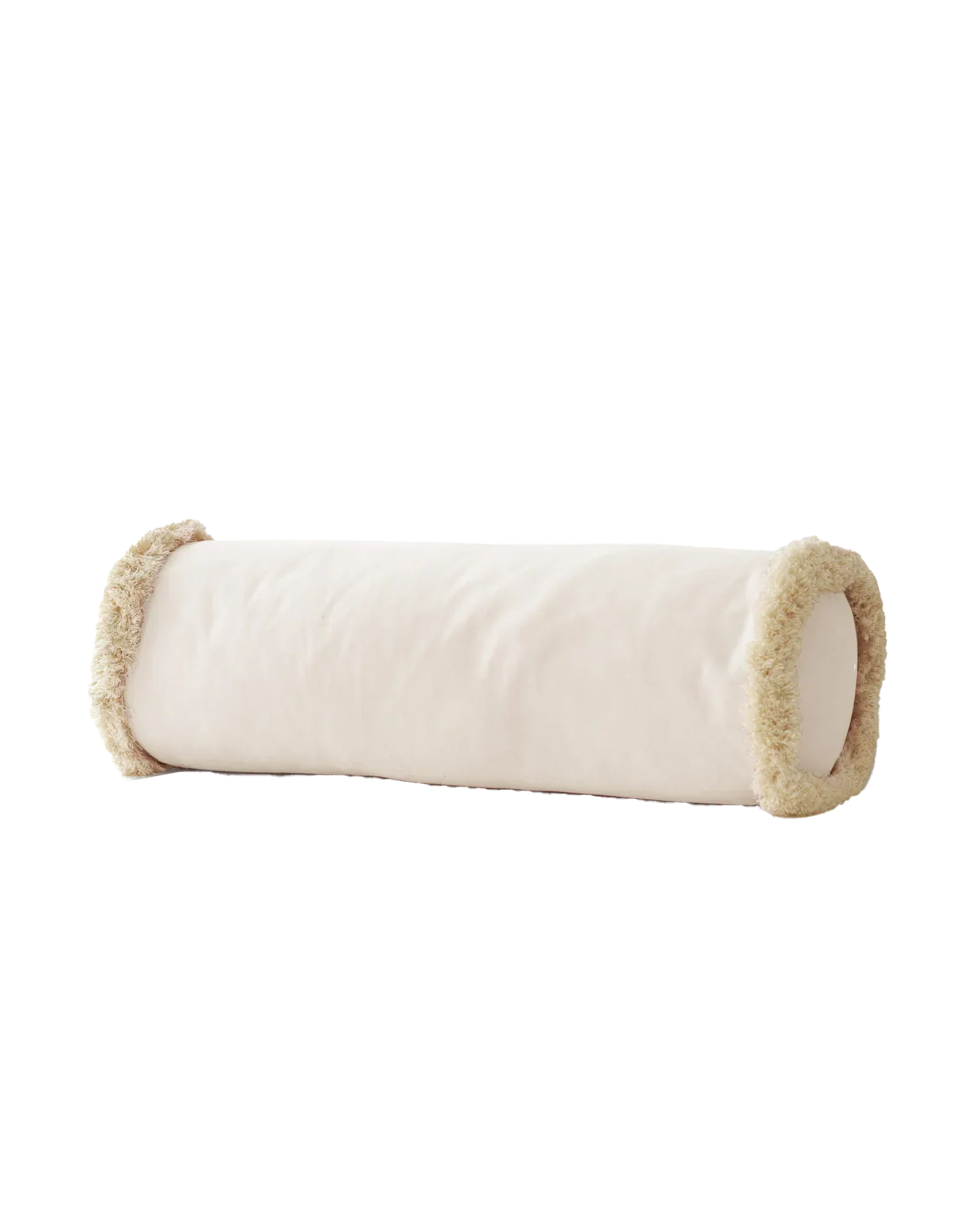 Krem kadife kırlent, 20x60 cm silindir formlu püsküllü döşemelik yastık. Yıkanabilir kılıf, salon koltuğu için modern dekor.