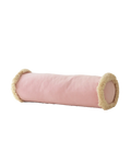 Pembe kadife kırlent, 20x60 cm silindir formlu püsküllü döşemelik yastık. Yıkanabilir kılıf, salon koltuğu için modern dekor.