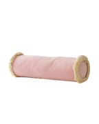 Pembe kadife kırlent, 20x60 cm silindir formlu püsküllü döşemelik yastık. Yıkanabilir kılıf, salon koltuğu için modern dekor.