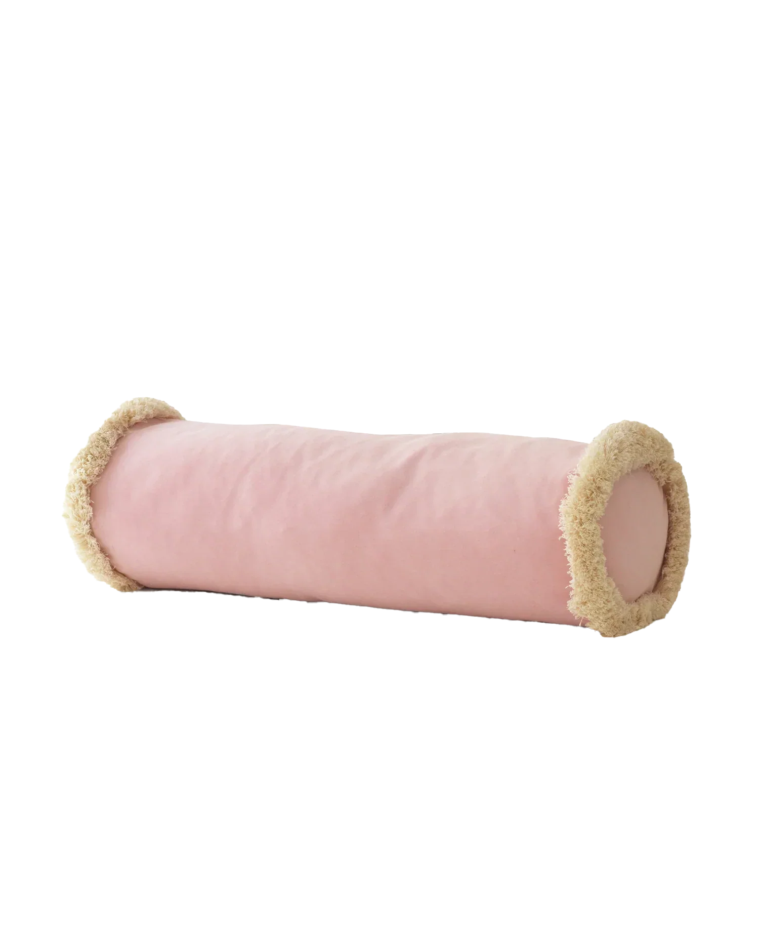 Pembe kadife kırlent, 20x60 cm silindir formlu püsküllü döşemelik yastık. Yıkanabilir kılıf, salon koltuğu için modern dekor.