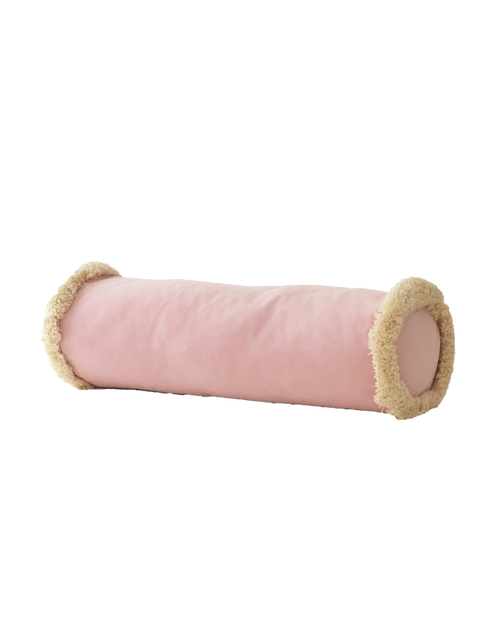 Pembe kadife kırlent, 20x60 cm silindir formlu püsküllü döşemelik yastık. Yıkanabilir kılıf, salon koltuğu için modern dekor.