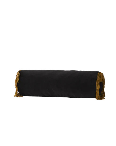 Siyah kadife kırlent, 20x60 cm silindir formlu döşemelik yastık. Yıkanabilir kılıf, salon koltuğu için modern dekor.