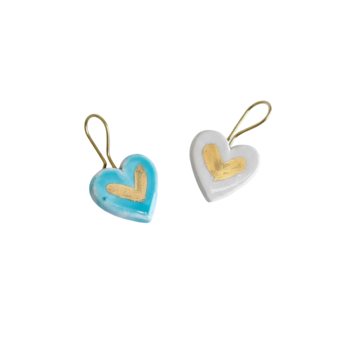 Turkuaz & Kırık Beyaz Stone Heart Seramik Kalp Küpe, el yapımı seramik, Stone Heart Koleksiyonu, Daniela Ceramic.