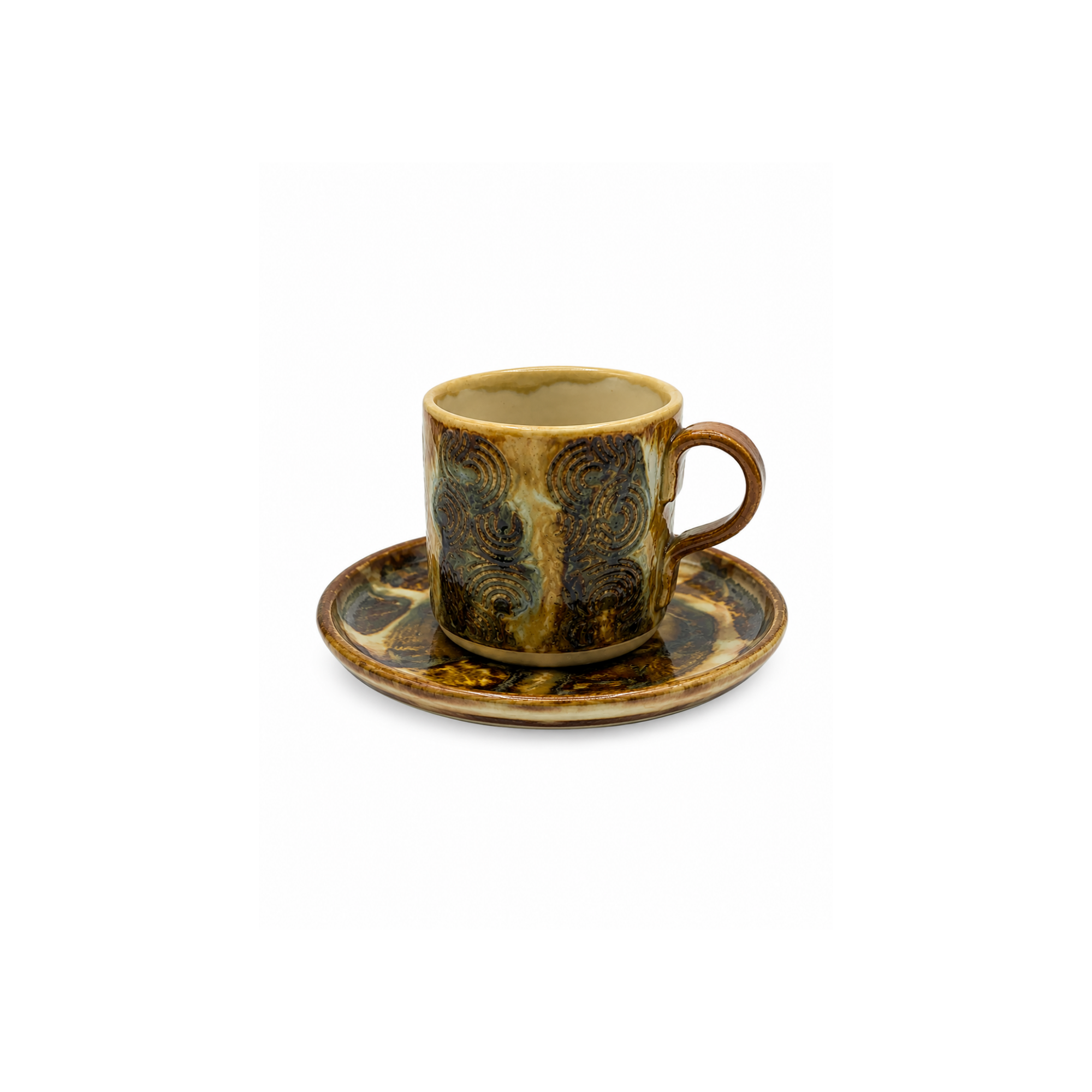 Siyah Bej Teos Virelle Fincan, el yapımı stoneware seramik kahve fincanı, 60 ml, Teos Koleksiyonu, Emine Shemse Ceramics.