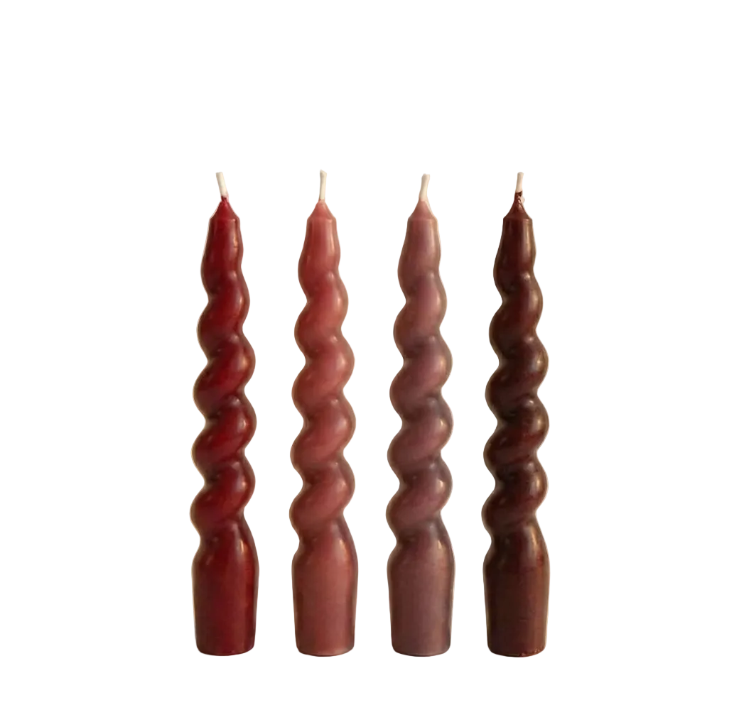 Bordo & Çok Renkli Twister 4'lü Burgu Şamdan Mum Seti, A kalite parafin, 19 cm, Twister koleksiyonu, Studio Jera.