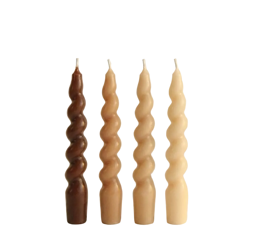 Kahverengi & Çok Renkli Twister 4'lü Burgu Şamdan Mum Seti, A kalite parafin, 19 cm, Twister koleksiyonu, Studio Jera.