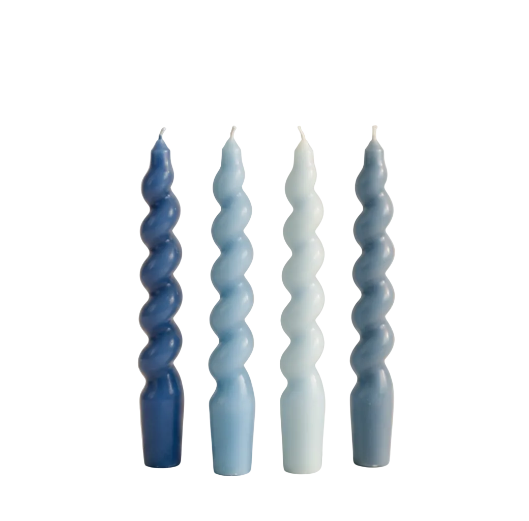 Mavi & Çok Renkli Twister 4'lü Burgu Şamdan Mum Seti, A kalite parafin, 19 cm, Twister koleksiyonu, Studio Jera.