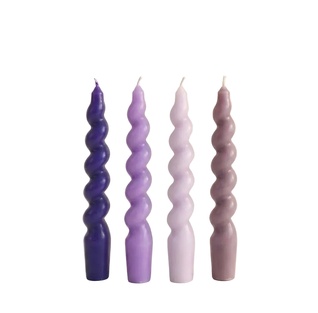 Mor & Çok Renkli Twister 4'lü Burgu Şamdan Mum Seti, A kalite parafin, 19 cm, Twister koleksiyonu, Studio Jera.