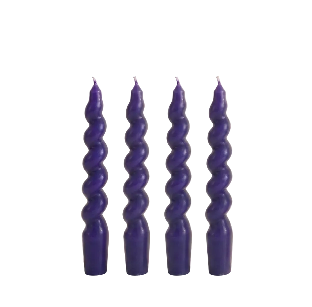 Patlıcan Moru Twister 4'lü Burgu Şamdan Mum Seti, A kalite parafin, 19 cm, Twister koleksiyonu, Studio Jera.