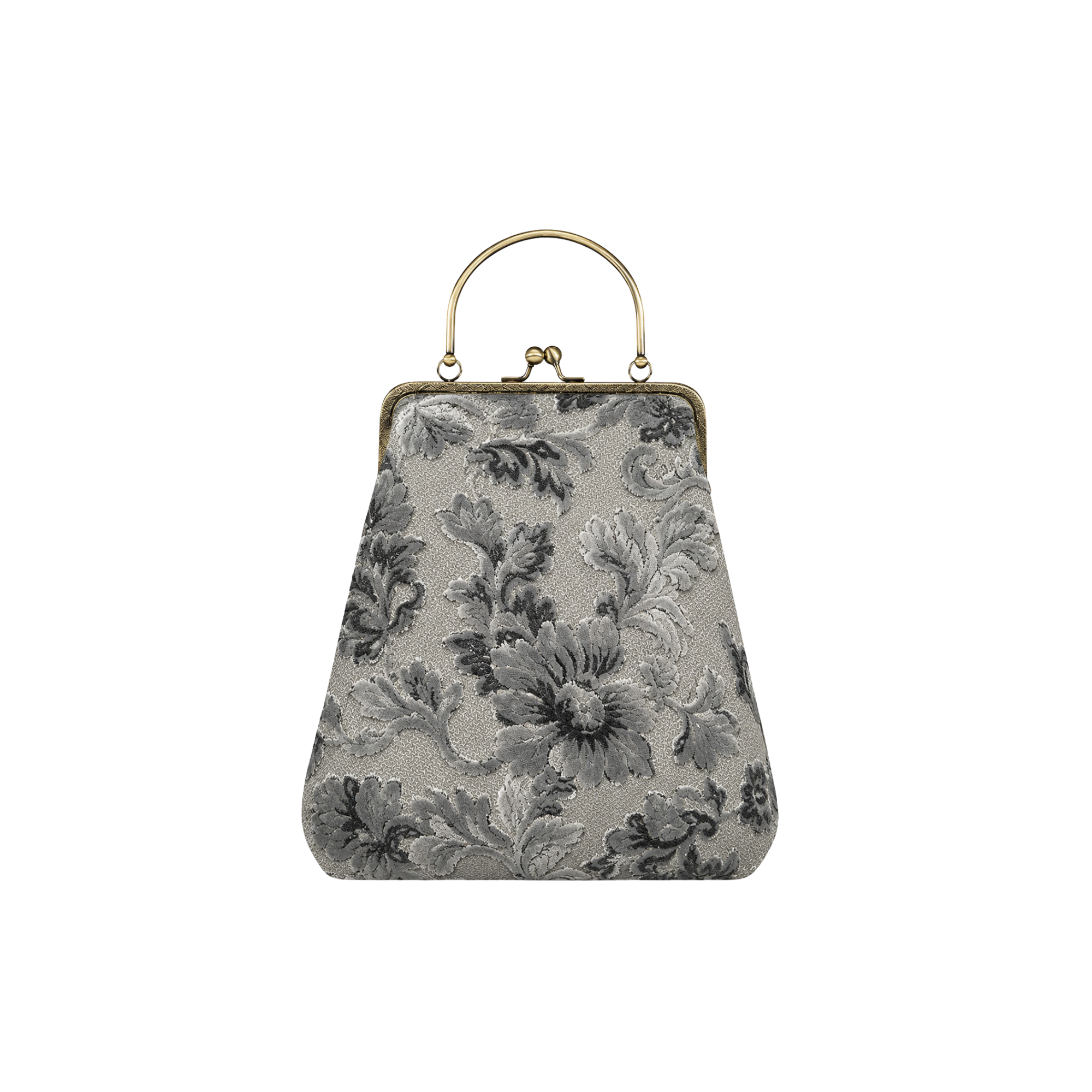 Vintage Noir Floral Çerçeve Çanta, kabartmalı pamuklu kadife, pirinç kiss-lock, 23×20×6 cm, Vintage koleksiyonu, Tyche Co.